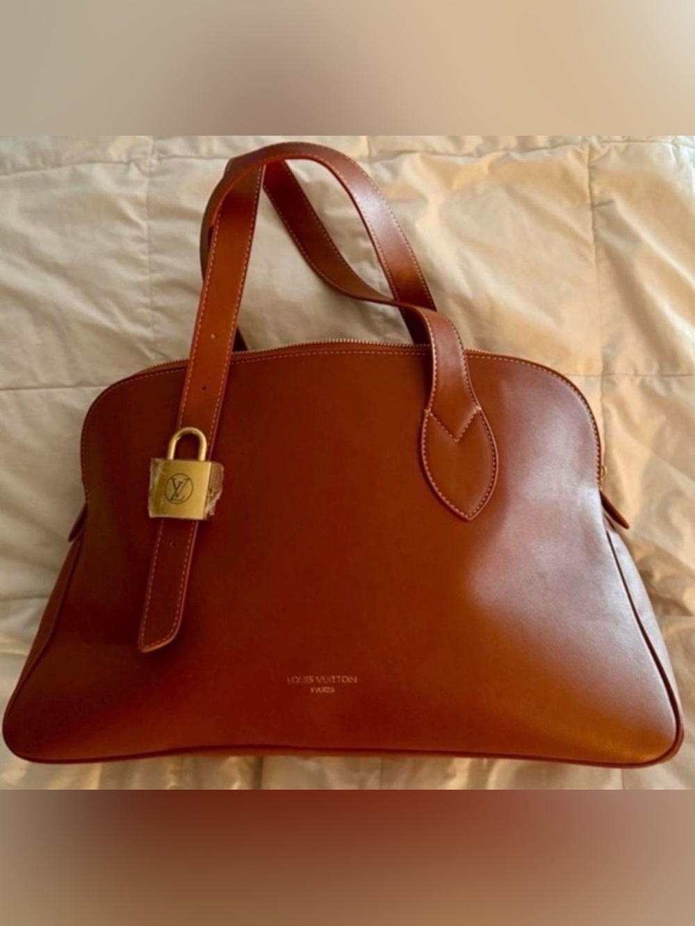 Fashionable Tan/Cognac Color Satchel with Gold Padlock